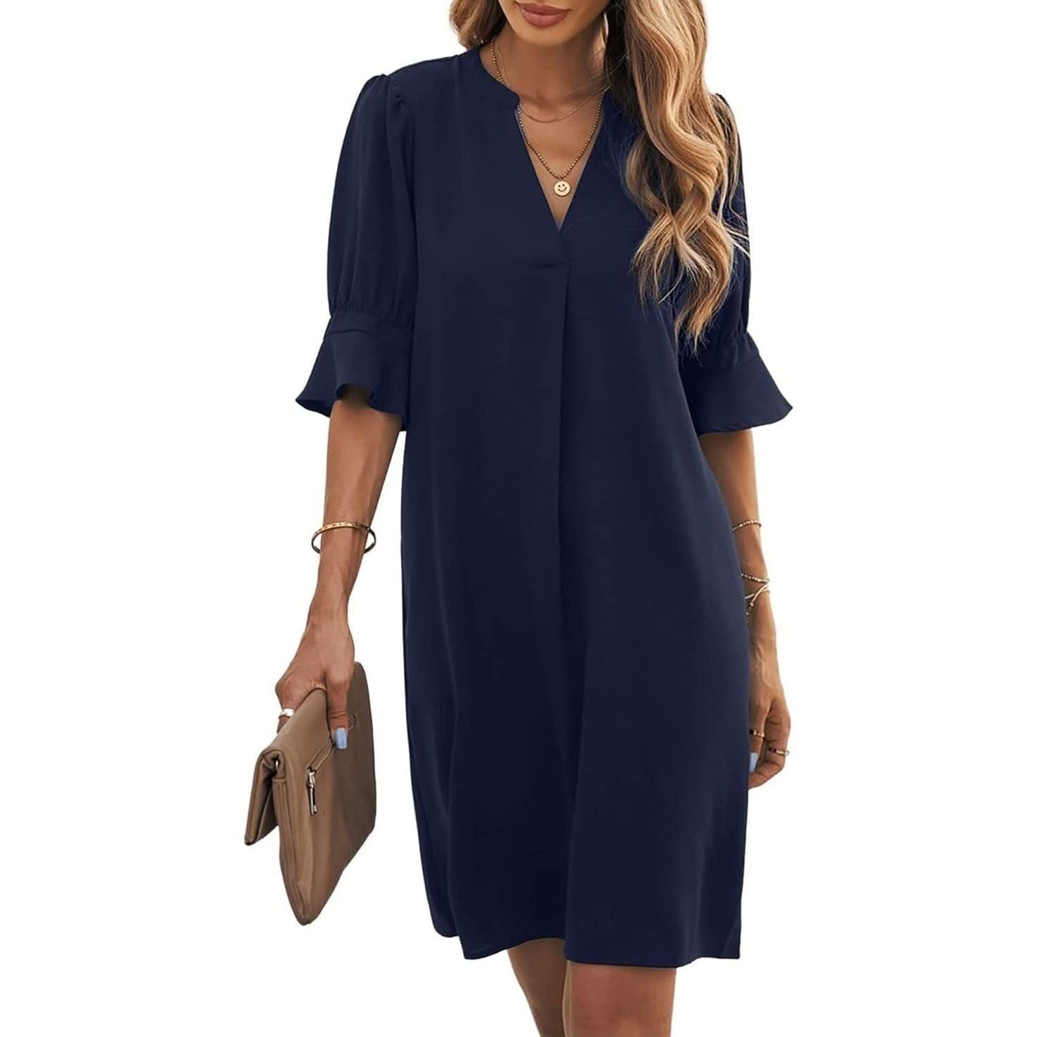 Famulily Women's V Neck Half Sleeve Shirt Dress Elegant Summer Casual Solid Color Short Dress S-XXL