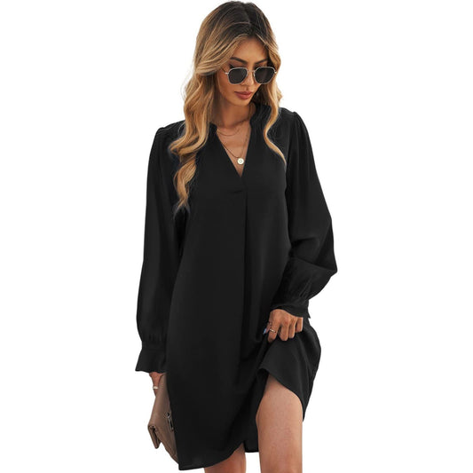 Women's V Neck Tunic Dress Summer T Shirt Casual Mini Dress Puff Half/Long Sleeve Flare Work Dresses