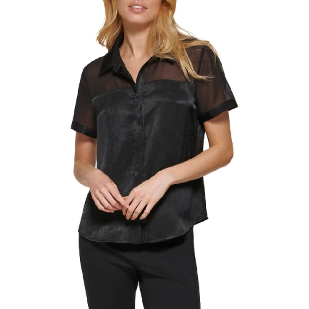 DKNY Women's Satin Easy Sheer Sleeve Top