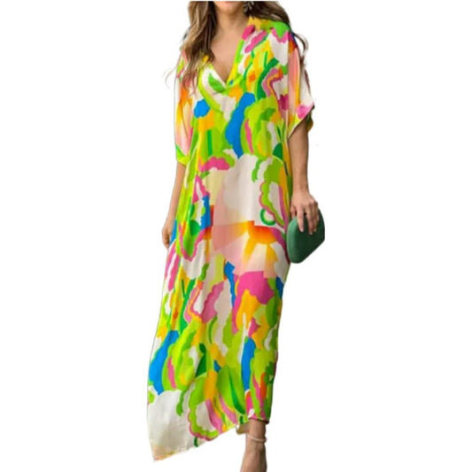 Casual Ladies Holiday Seaside Beach Dress Summer Print Half Sleeve