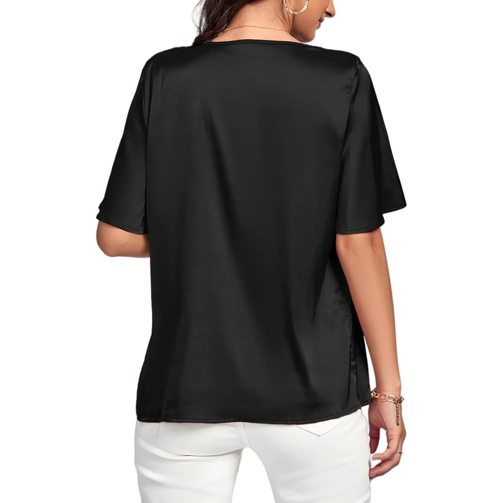 Rooscier Women's Satin V Neck Ruched Short Sleeve Loose Elegant Office Blouse Top