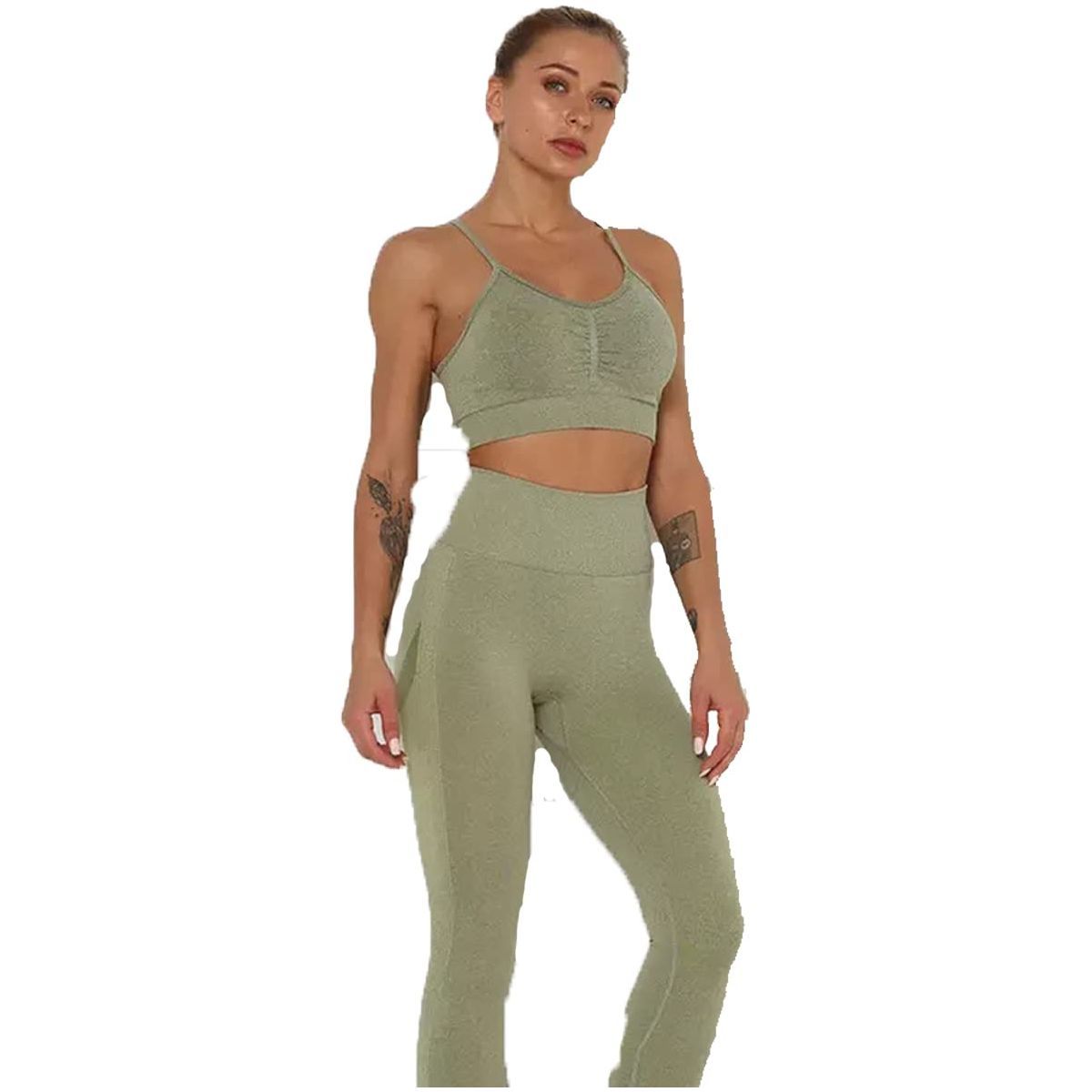 Caprisious Activewear Sportswear Gym Wear Workout Fitness Comfortable Army Green Sports Bra and Seamless Short 2 Piece Yoga Running Set for Women, Crop Top, Seamless Short