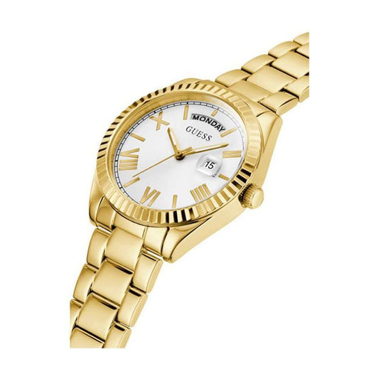 GUESS 36mm Stainless Steel Day-Date Watch with Coin Edge Bezel