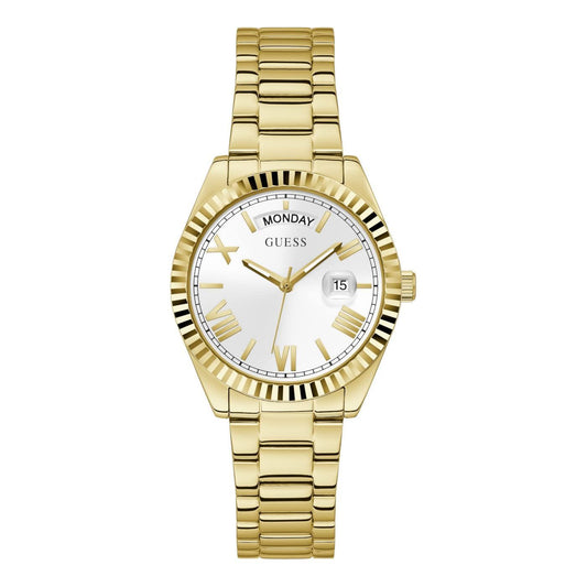 GUESS 36mm Stainless Steel Day-Date Watch with Coin Edge Bezel