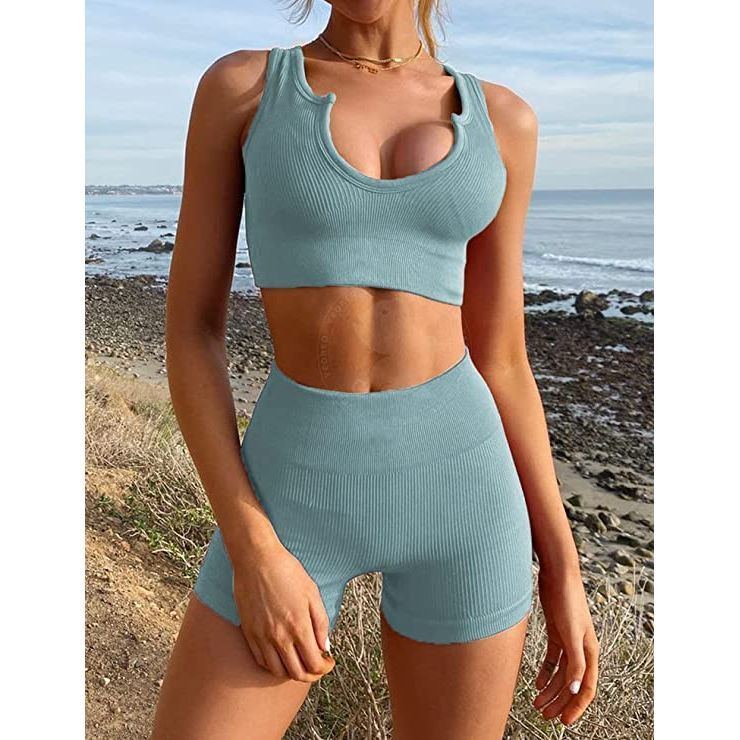 Caprisious Women 2 Pieces Gym Fitness Workout Set High Waist Seamless Yoga Outfit Ribbed Sports Active Wear Workout 2 Pcs Sets Sports Bra V Neck Sleeveless Activewear and Shorts Set