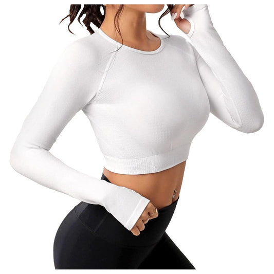 Seamless Yoga Crop Top Long Sleeves Workout Fitness Gym Athletic Shirt Sportswear for Women