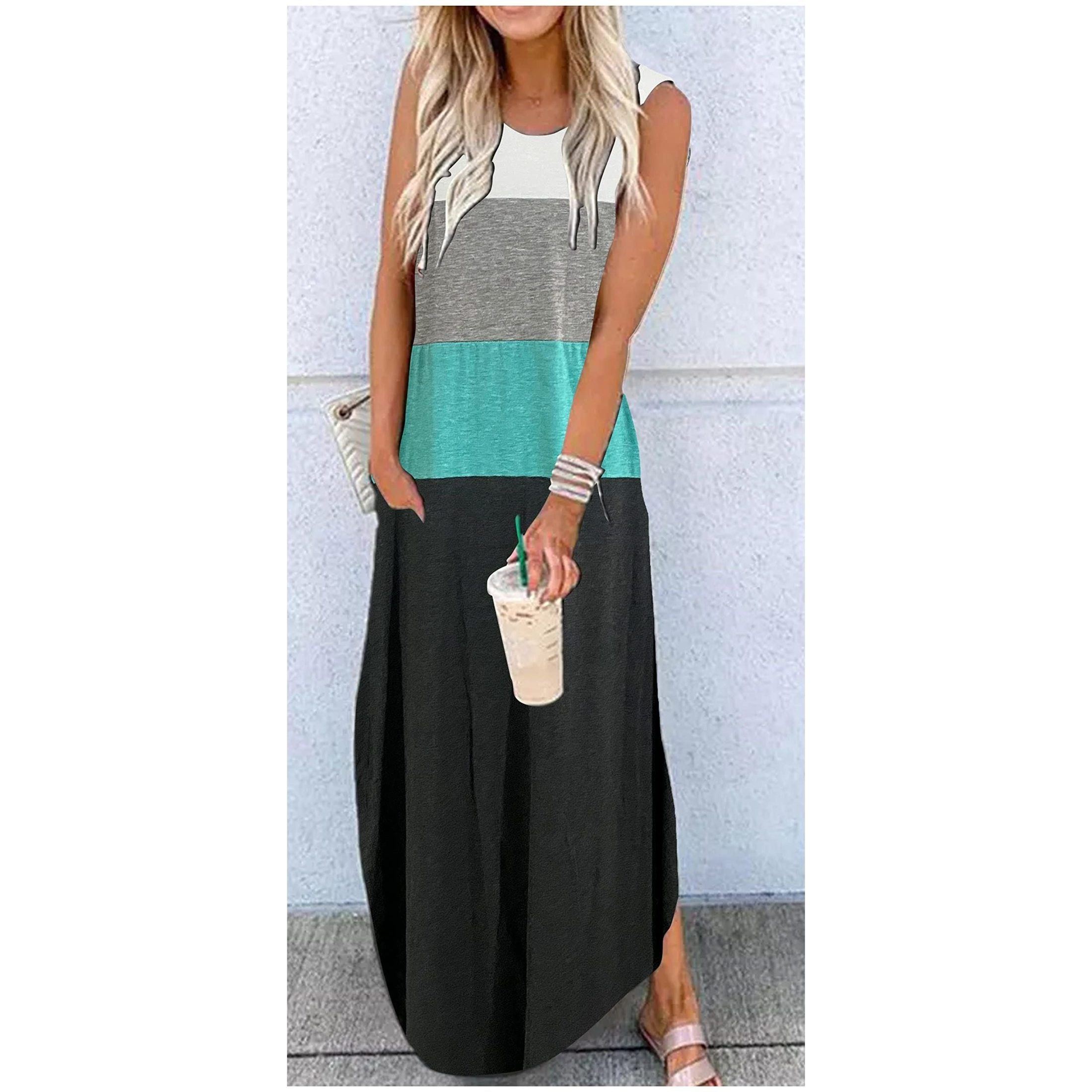 Good Vibes Rainbow Pocket Sleeveless Maxi Dress for Women Summer Hawaiian Beach Casual Tank Dresses Plain T Shirt Dress