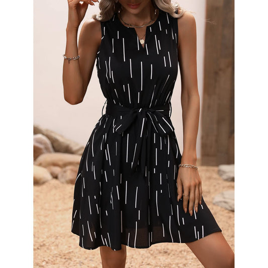 GORGLITTER Women's Sleeveless Striped Print Notched Neck Belted Dress A Line Short Dress