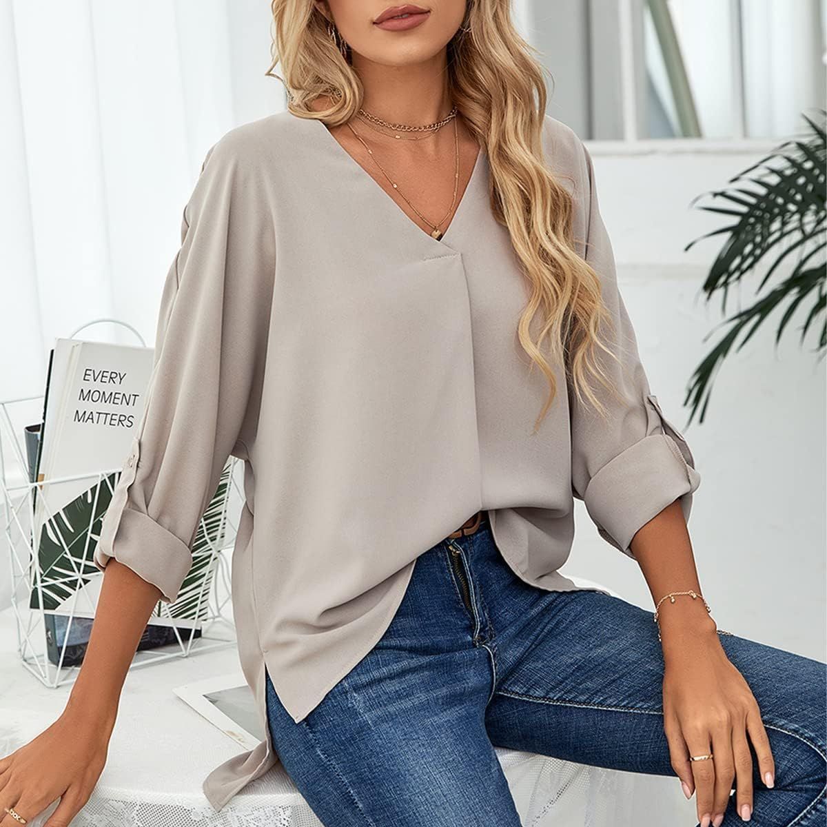 Women's Summer Silky V-Neck Long Sleeve Blouses Shirts Casual Solid Color Soft Satin Shirt Tops Womens Elegant Temperament Chiffon Shirts Office Work Shirts 3/4 Sleeve T-Shirt Tops