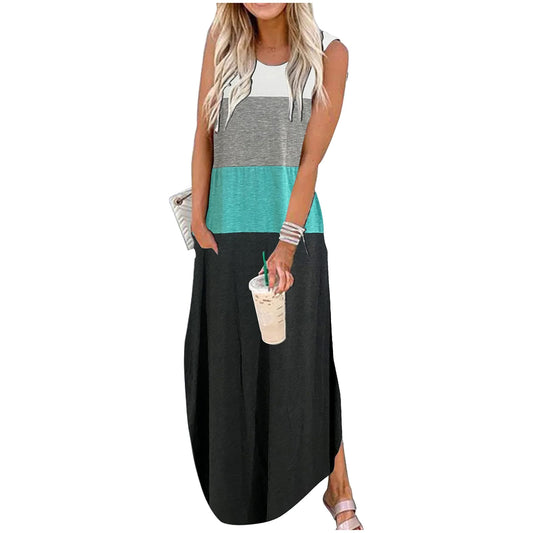 Good Vibes Rainbow Pocket Sleeveless Maxi Dress for Women Summer Hawaiian Beach Casual Tank Dresses Plain T Shirt Dress