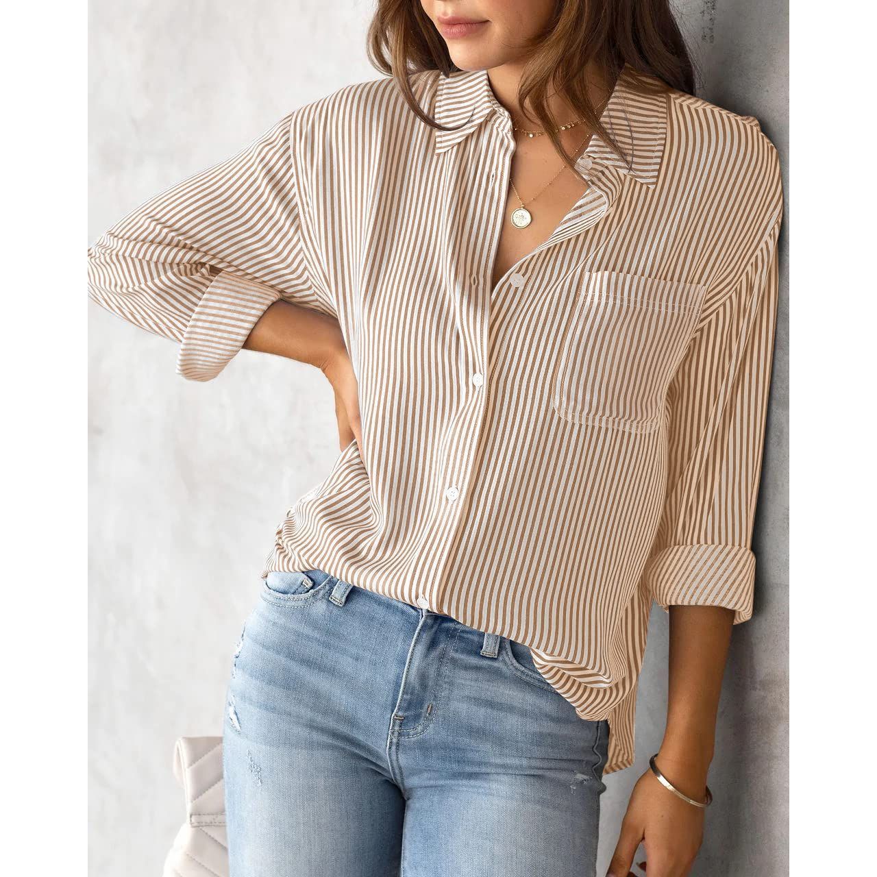 hathne Women's Button Down Shirts Long Sleeve Classic Striped Blouses Casual Tops Office Work Blouses