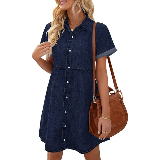 LookbookStore Women's Short Sleeve Button Down Flowy Tiered Babydoll Denim Dress