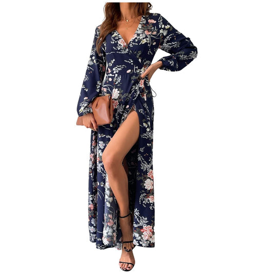 CUPSHE Women's V Neck Maxi Dress Long Sleeve Floral Print Flowy Sundress Wrap Dresses