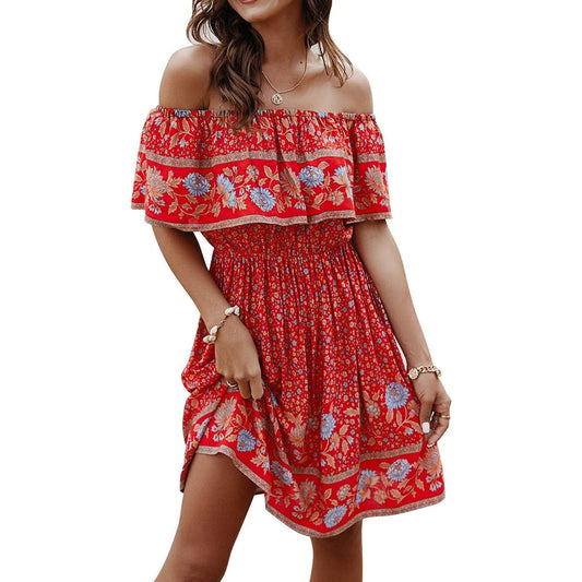 Off Shoulder Boho Floral Swing Mini Dress Summer Strapless Pleated Short Dress