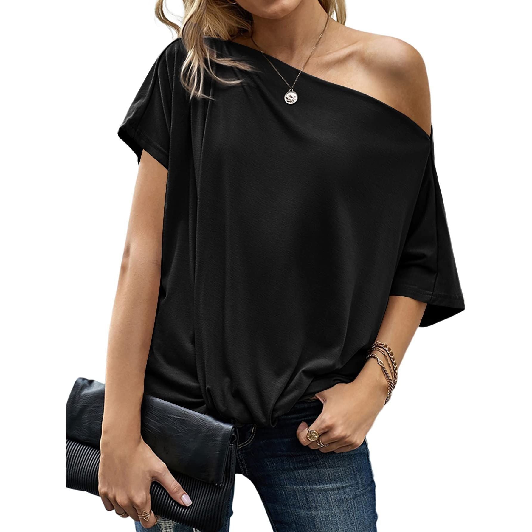 LYANER Women's Off Shoulder Twist Knot Batwing Sleeve Loose Tunic T Shirt Blouse Top