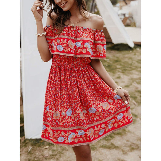 Off Shoulder Boho Floral Swing Mini Dress Summer Strapless Pleated Short Dress