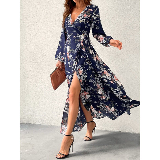 CUPSHE Women's V Neck Maxi Dress Long Sleeve Floral Print Flowy Sundress Wrap Dresses