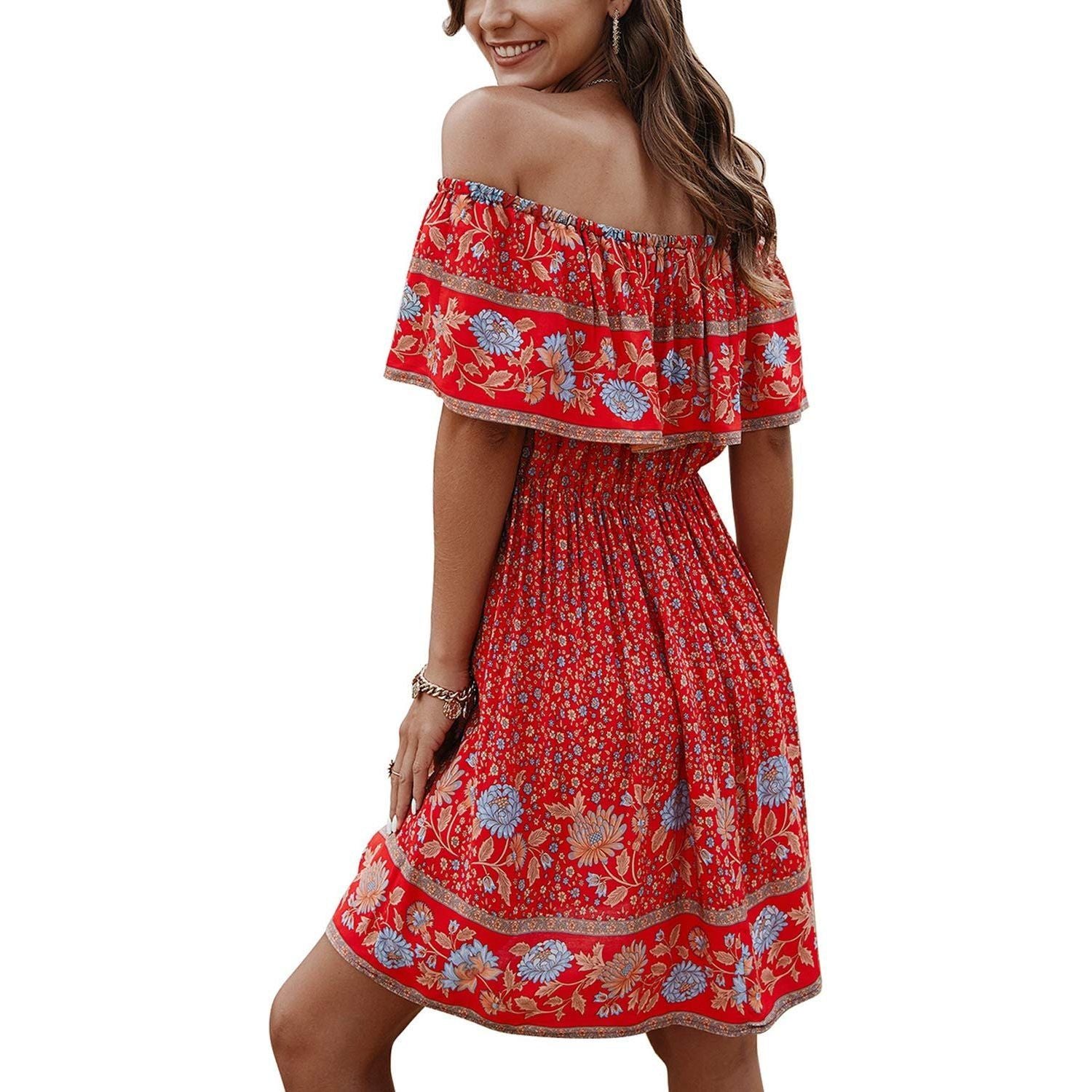 Off Shoulder Boho Floral Swing Mini Dress Summer Strapless Pleated Short Dress