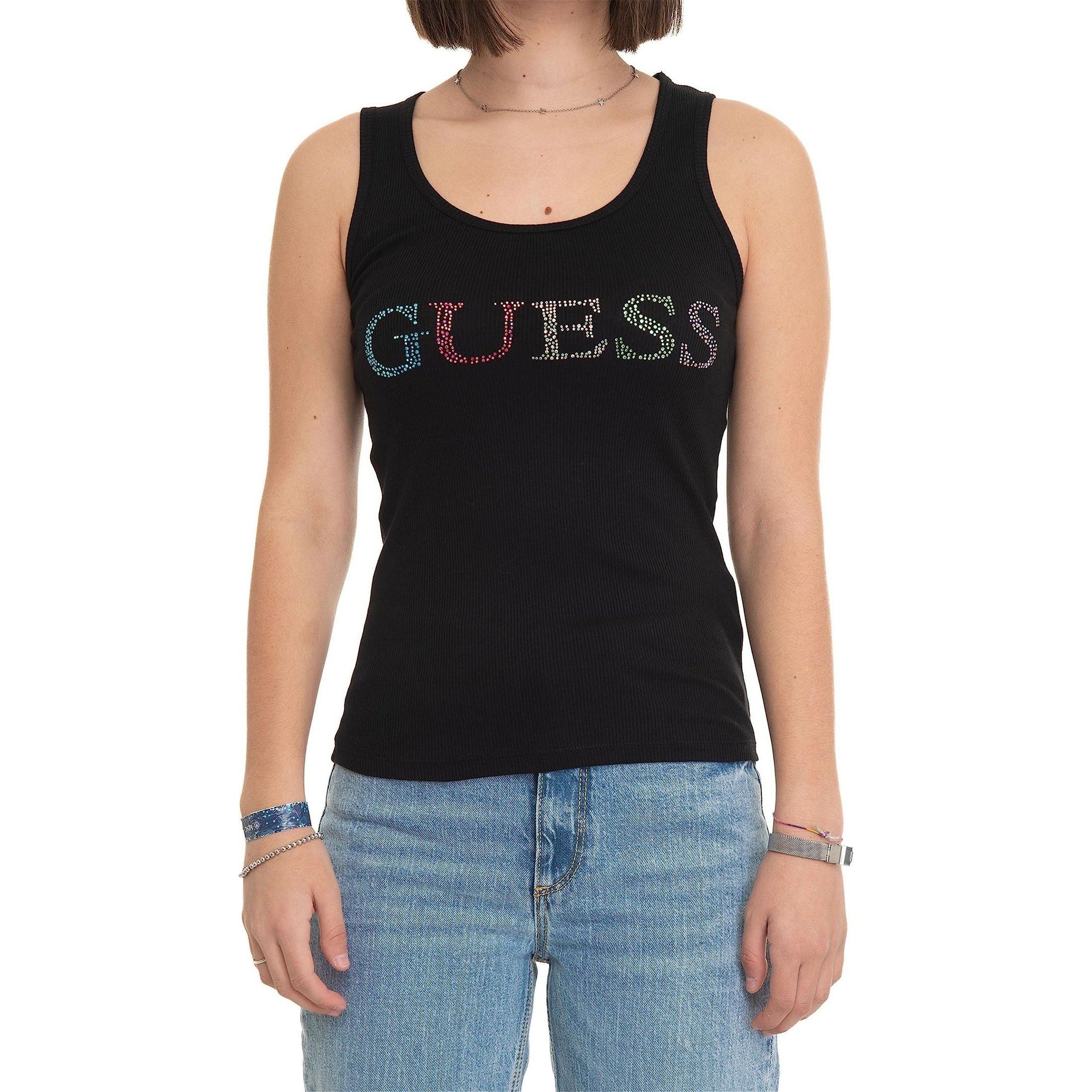 Guess Organic Gunnar Rib Eco Colorful Logo Tank Top for Women, Black