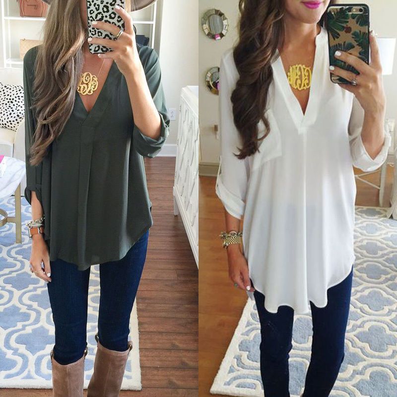 Loose Maternity V-Neck Blouse Long Sleeve Shirt Pullover Tops Chiffon Female Women Solid T-Shirt Streetwear Clothing Plus Size - Jointcorp