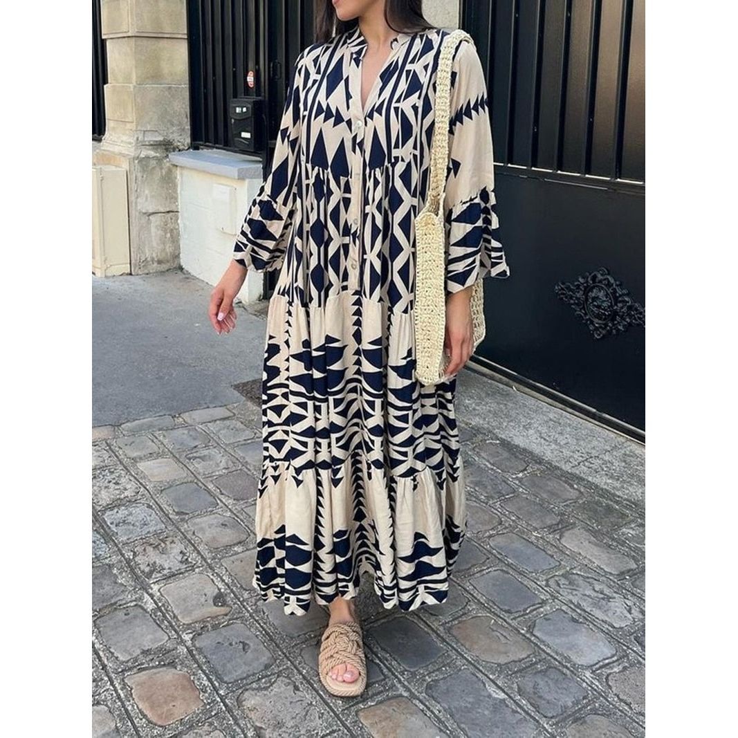 Dress Elegant Summer Maxi for Women 2023 Casual Streetwear Vintage Geometric V Neck Boho Beach Long Loose Dresses - Jointcorp