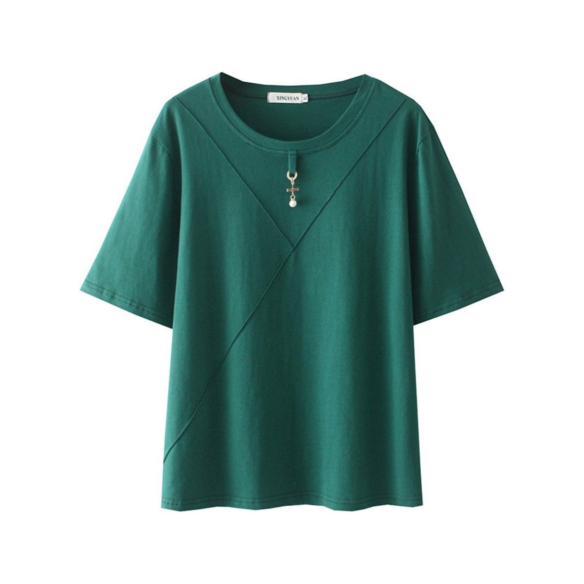 Plus Size T-Shirt Summer Tees Women Clothing Loose Cotton Metal Pearl Pendant Decoration Short Sleeve Tops - Jointcorp