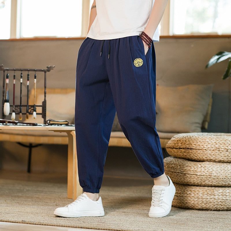 Cotton Linen Pants Men Fashion Embroidery Loose Pants Men's Street Jogging Pants - Jointcorp