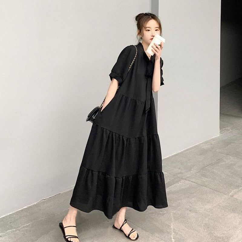 Summer New Solid Pleated Lacing Long Dress Bow Short Sleeve Loose Plus Size Casual Dresses Simplicity Fashion Women Clothing - Jointcorp