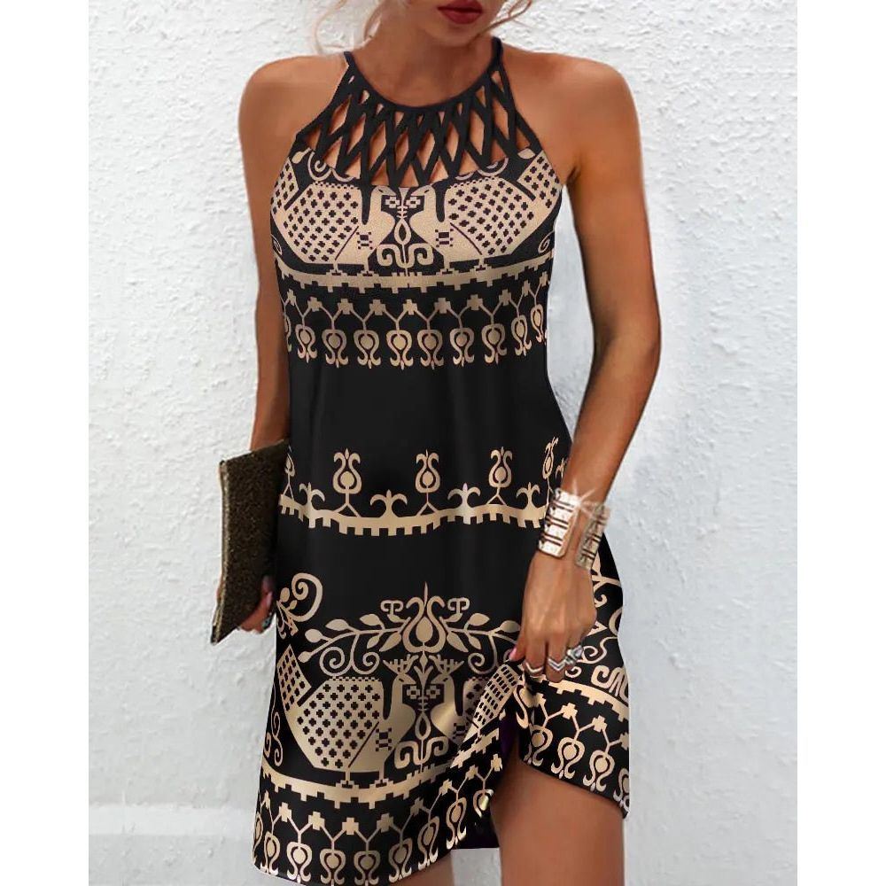 Women's dresses 2022 summer new Casual Sleeveless Vintage Tribal Print Cutout Daily Dress - Jointcorp