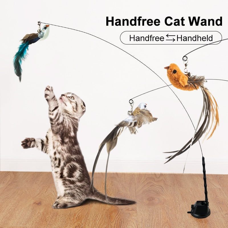 Handfree Bird/Feather Cat Wand with Bell Powerful Suction Cup Interactive Toys for Cats Kitten Hunting Exercise Pet Products - Jointcorp