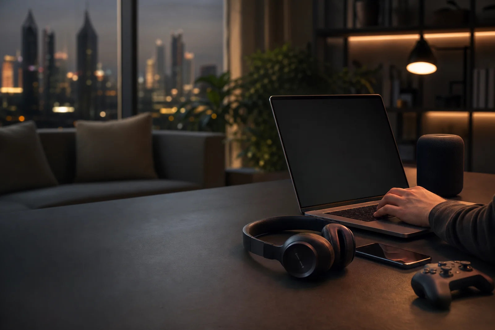 Modern electronics arranged in a refined home workspace