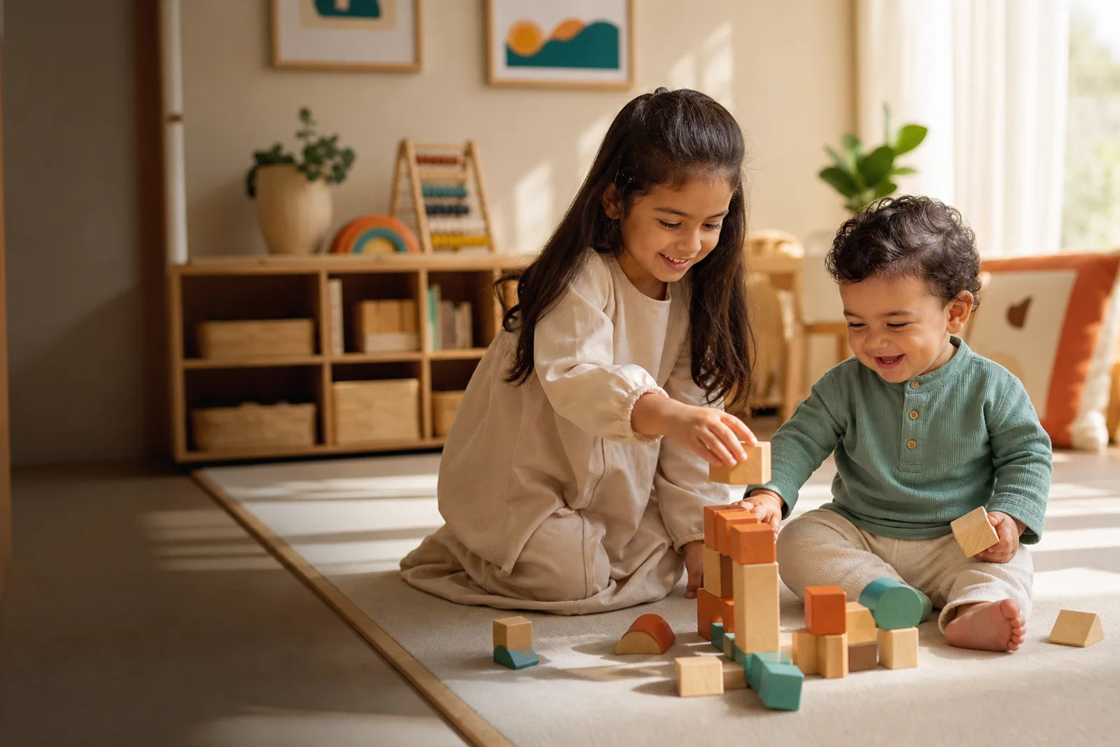Two children playing together in a bright modern playroom